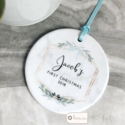Personalised First Christmas Gift Baby Boy Girl Newborn Geometric Greenery Leaf Bow Design Ceramic Or Acrylic Round Ornament Keepsake
