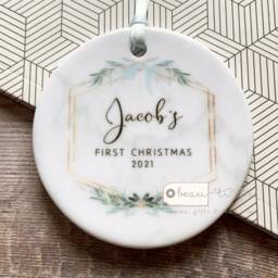 Personalised First Christmas Gift Baby Boy Girl Newborn Geometric Greenery Leaf Bow Design Ceramic Or Acrylic Round Ornament Keepsake - thumbnail 3