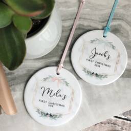 Personalised First Christmas Gift Baby Boy Girl Newborn Geometric Greenery Leaf Bow Design Ceramic Or Acrylic Round Ornament Keepsake - thumbnail 2