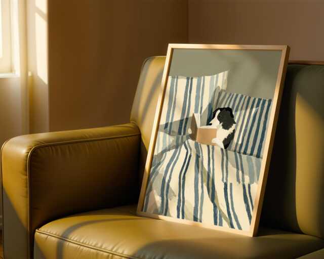 Dog Reading Art Print - Border Collie Wall Art, Bookish Poster, in Bed Illustration, Funny Lover Gift, Cozy Bedroom Pet Decor - image 1
