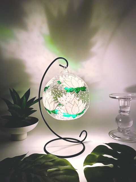 Hand Painted Water Lily Glass Tealight Holder With Metal Stand - image 1