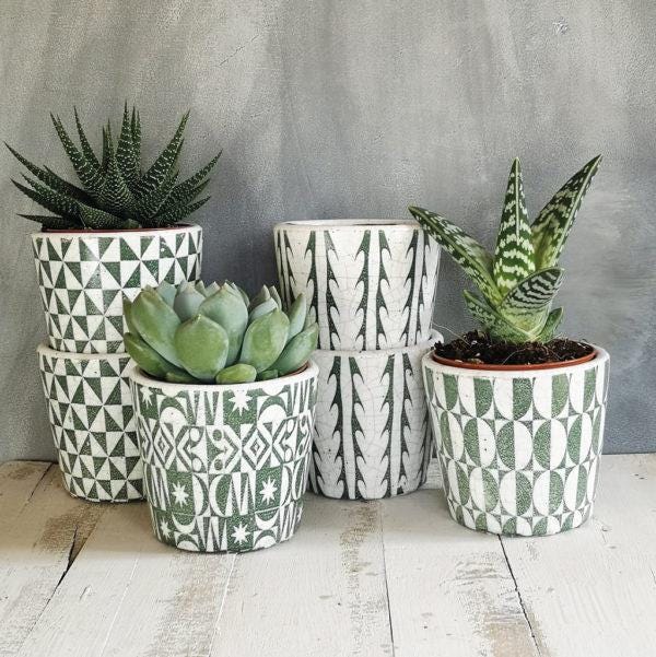 1x Small Dutch Pot - Green & White Plant Planter Rustic Herb Geometric Pattern Sold Individually