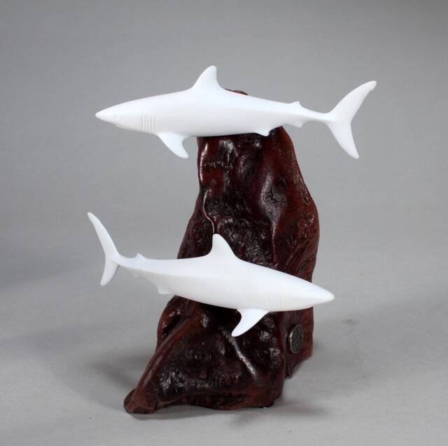Shark Duo Sculpture By John Perry 7In Tall On Polished Burlwood. Signed - image 1