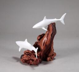 Shark Duo Sculpture By John Perry 7In Tall On Polished Burlwood. Signed - thumbnail 3