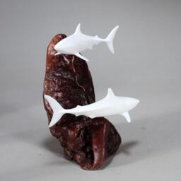 Shark Duo Sculpture By John Perry 7In Tall On Polished Burlwood. Signed - thumbnail 2