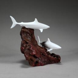 Shark Duo Sculpture By John Perry 7In Tall On Polished Burlwood. Signed - thumbnail 4