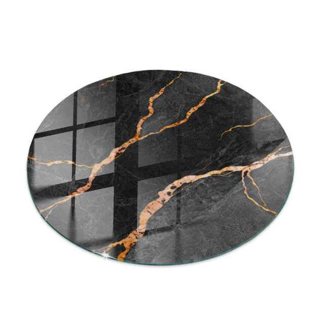 Marble Pattern With Veins Glass Table Top, Black Durable Tempered Tabletop, Round Cover - image 1
