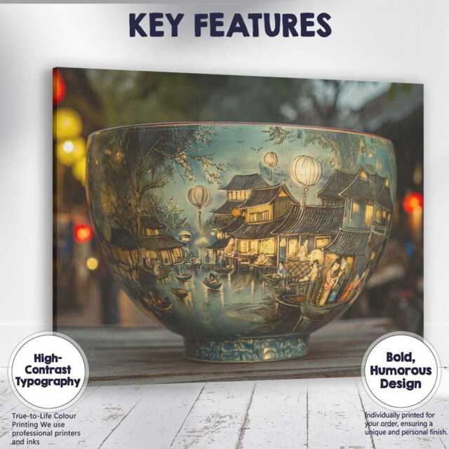 Oriental Lantern Riverside Village Decorative Porcelain Bowl Canvas Wall Art Print Decor Picture Ready To Hang - image 1