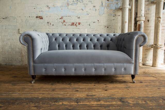 British Handmade 3 Seater Platinum Grey Velvet Chesterfield Sofa - image 1