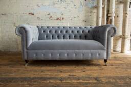 British Handmade 3 Seater Platinum Grey Velvet Chesterfield Sofa - thumbnail 1
