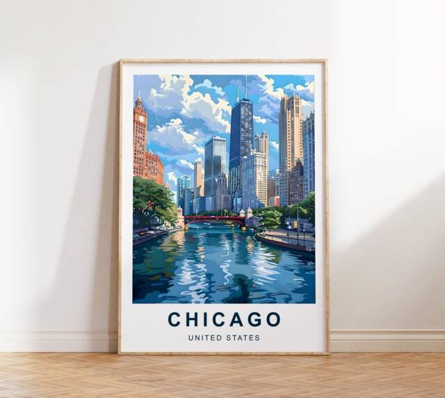 Chicago Travel Print - United States Poster Downtown Illinois City River Wall Art - image 1