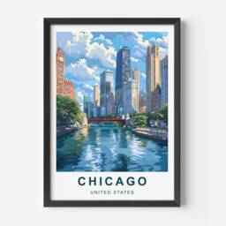 Chicago Travel Print - United States Poster Downtown Illinois City River Wall Art - thumbnail 3