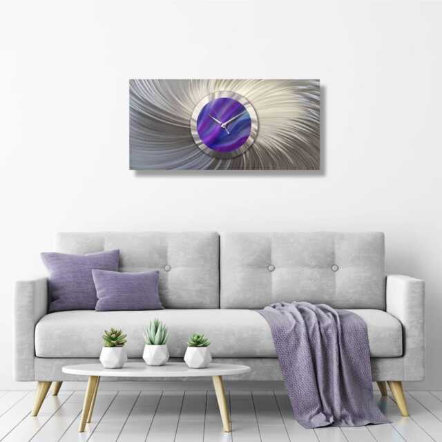 Large Wall Clock Silver & Purple Modern Metal Art Decor For Living Room - image 1