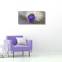 Large Wall Clock Silver & Purple Modern Metal Art Decor For Living Room - thumbnail 3
