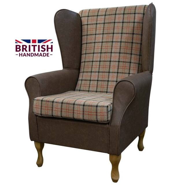 Handmade Tartan High Back Armchair Faux Leather Fireside Wing Chair - image 1
