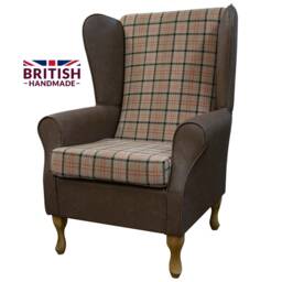 Handmade Tartan High Back Armchair Faux Leather Fireside Wing Chair - thumbnail 1