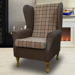 Handmade Tartan High Back Armchair Faux Leather Fireside Wing Chair - thumbnail 3