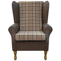 Handmade Tartan High Back Armchair Faux Leather Fireside Wing Chair - thumbnail 2