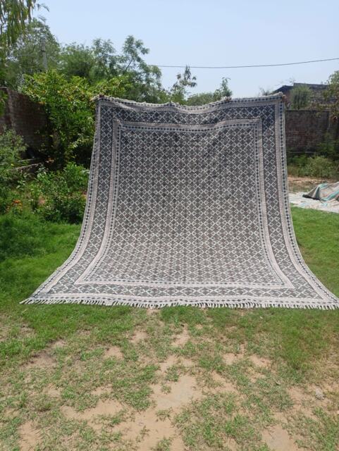 Handmade Block Printed Cotton Rug, Geometric Moroccan Style - image 1