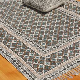 Handmade Block Printed Cotton Rug, Geometric Moroccan Style - thumbnail 2