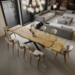Firsby Spider Live Edge Extendable 2 Sides Dining Table Kitchen Industrial Rustic Wood, Steel Base - thumbnail 4