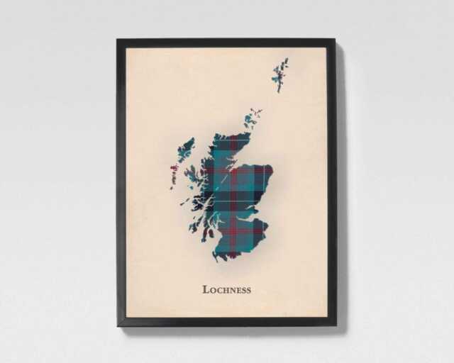 Clan Lochness Scottish Tartan Map - Of Scotland Family Wall Decor, Ready To Hang - image 1