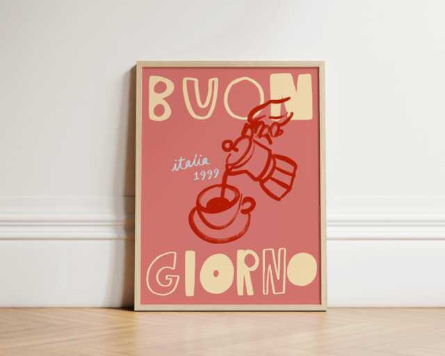 Italian Coffee Poster, Buongiorno Wall Art Print, Retro Kitchen Decor, Moka Pot Illustration, Vintage Style Artwork, Unframed