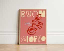 Italian Coffee Poster, Buongiorno Wall Art Print, Retro Kitchen Decor, Moka Pot Illustration, Vintage Style Artwork, Unframed - thumbnail 1