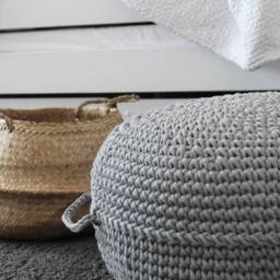 Crochet Pouf Ottoman Scandinavian Nursery Decor, Light Grey Cotton - thumbnail 2