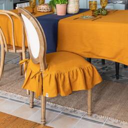 Linen Chair Slip Cover With Ruffle - French Brasserie Oval Chair Natural Linen Seat Cushion Romantic Protection - thumbnail 3