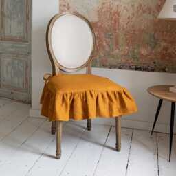 Linen Chair Slip Cover With Ruffle - French Brasserie Oval Chair Natural Linen Seat Cushion Romantic Protection - thumbnail 2