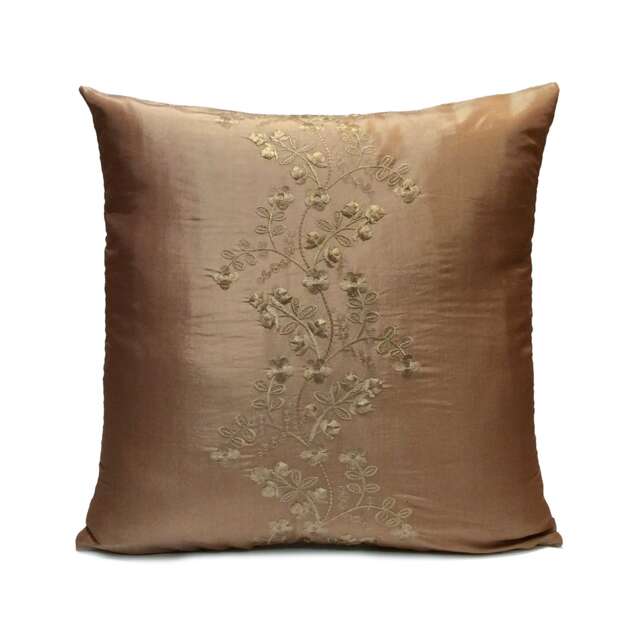 Tan/Rust Pillow, Throw Pillow Cover, Decorative Cushion Pillowcase, Accent Toss Silk, Floral Embroidery - image 1