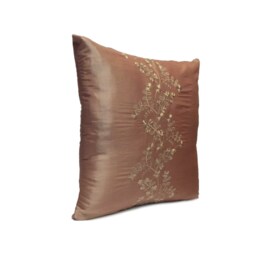 Tan/Rust Pillow, Throw Pillow Cover, Decorative Cushion Pillowcase, Accent Toss Silk, Floral Embroidery - thumbnail 2