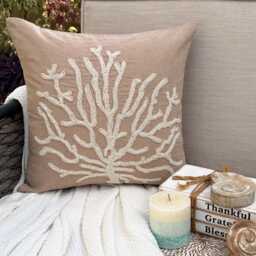 "Mocha Beige Cotton Linen Beaded Coastal Pattern Throw Pillow Cover, 16""x16" - thumbnail 1