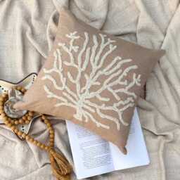 "Mocha Beige Cotton Linen Beaded Coastal Pattern Throw Pillow Cover, 16""x16" - thumbnail 3
