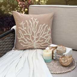 "Mocha Beige Cotton Linen Beaded Coastal Pattern Throw Pillow Cover, 16""x16" - thumbnail 2