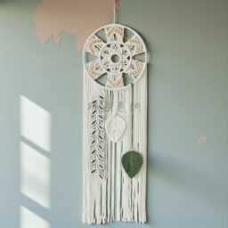 Macram?? Wall Hanging With Leaves - Handwoven Boho Decor 114cm Natural Cotton Art - thumbnail 1