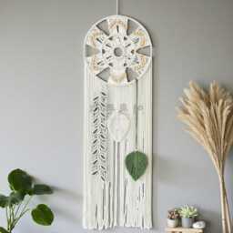 Macram?? Wall Hanging With Leaves - Handwoven Boho Decor 114cm Natural Cotton Art - thumbnail 3