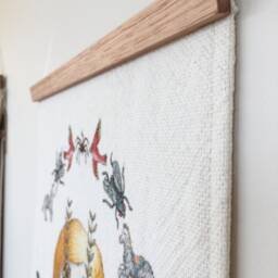 Fleur - Hand Illustrated Wall Hanging, Natural Woven Cotton Fabric, Wool Fringe, Tasmanian Oak Hanger, Quirky, Original Artwork - thumbnail 2
