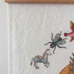 Fleur - Hand Illustrated Wall Hanging, Natural Woven Cotton Fabric, Wool Fringe, Tasmanian Oak Hanger, Quirky, Original Artwork - thumbnail 3
