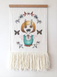 Fleur - Hand Illustrated Wall Hanging, Natural Woven Cotton Fabric, Wool Fringe, Tasmanian Oak Hanger, Quirky, Original Artwork