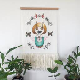 Fleur - Hand Illustrated Wall Hanging, Natural Woven Cotton Fabric, Wool Fringe, Tasmanian Oak Hanger, Quirky, Original Artwork - thumbnail 4