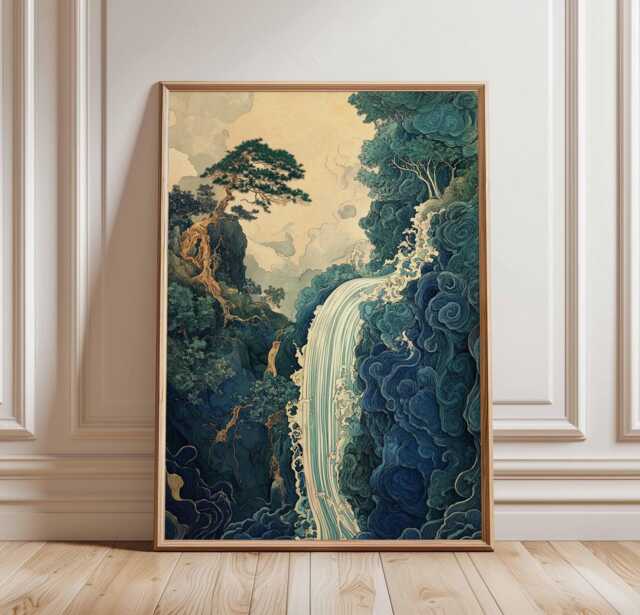 Waterfall in Nature Poster, Abstract Japanese Landscape Art, Flowing Water & Trees, Tranquil Mountain Decor, Art Print - image 1