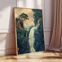 Waterfall in Nature Poster, Abstract Japanese Landscape Art, Flowing Water & Trees, Tranquil Mountain Decor, Art Print - thumbnail 2