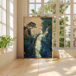 Waterfall in Nature Poster, Abstract Japanese Landscape Art, Flowing Water & Trees, Tranquil Mountain Decor, Art Print - thumbnail 3