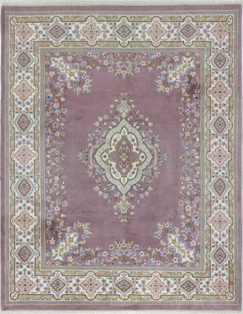 Hand-Knotted Wool Rug 8x10 Rose Floral Medallion, Indian Oriental Rug