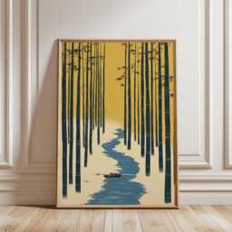 Bamboo Forest River Poster - Japanese Woodblock Landscape Minimal Zen Nature Art - thumbnail 1