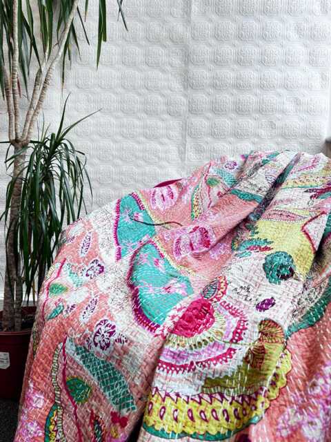 Kantha Stitch Pure Cotton Reversible Bed/Sofa Throw King Size Handmade Floral Indian Dohar Elegant Dusted Pop Peach Pink Aqua Abstract Burst - image 1