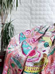 Kantha Stitch Pure Cotton Reversible Bed/Sofa Throw King Size Handmade Floral Indian Dohar Elegant Dusted Pop Peach Pink Aqua Abstract Burst - thumbnail 1