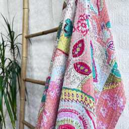 Kantha Stitch Pure Cotton Reversible Bed/Sofa Throw King Size Handmade Floral Indian Dohar Elegant Dusted Pop Peach Pink Aqua Abstract Burst - thumbnail 3